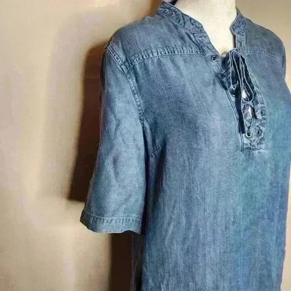 Chelsea & Theodore women's blue denim shift dress midi size small - Picture 3 of 8